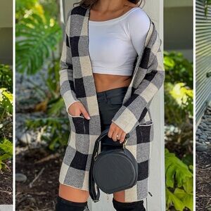 Black Plaid Sweater Cardigan With Pockets